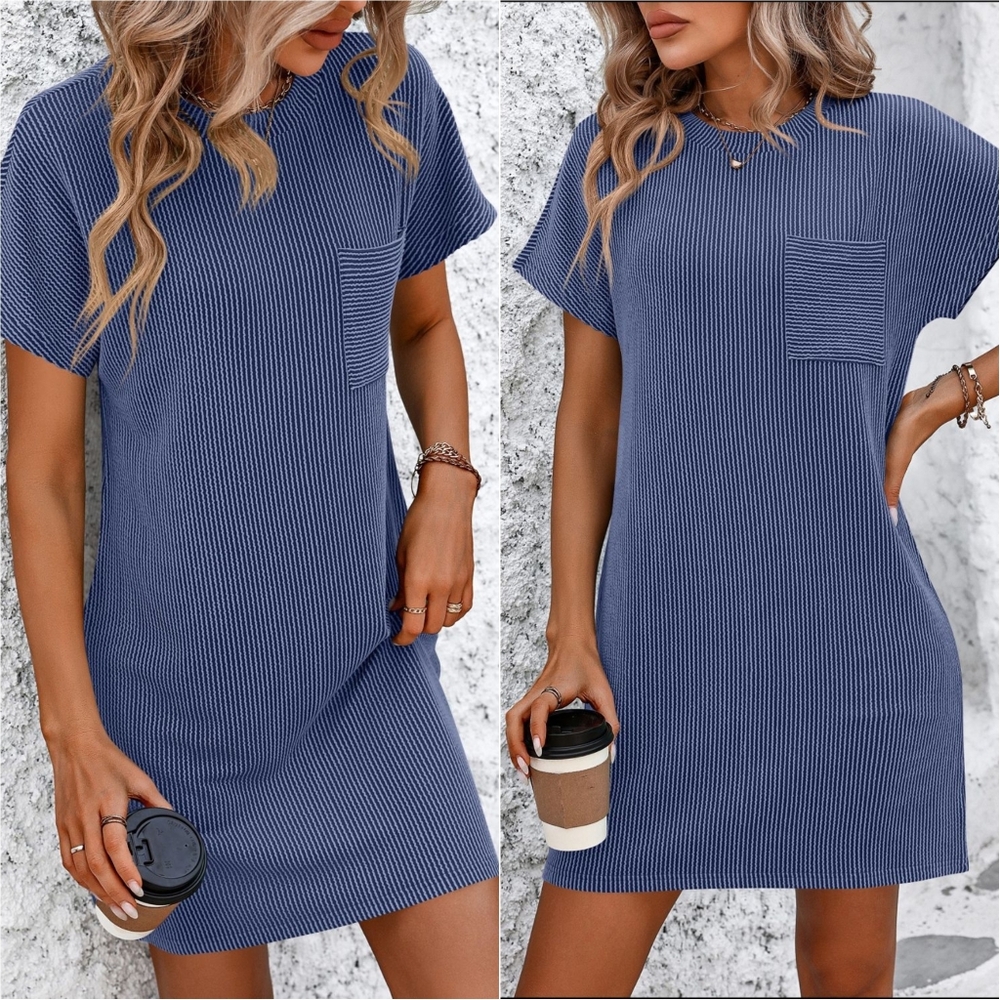Breezy Ribbed Tee Dress - Blue - Picture 2 of 8